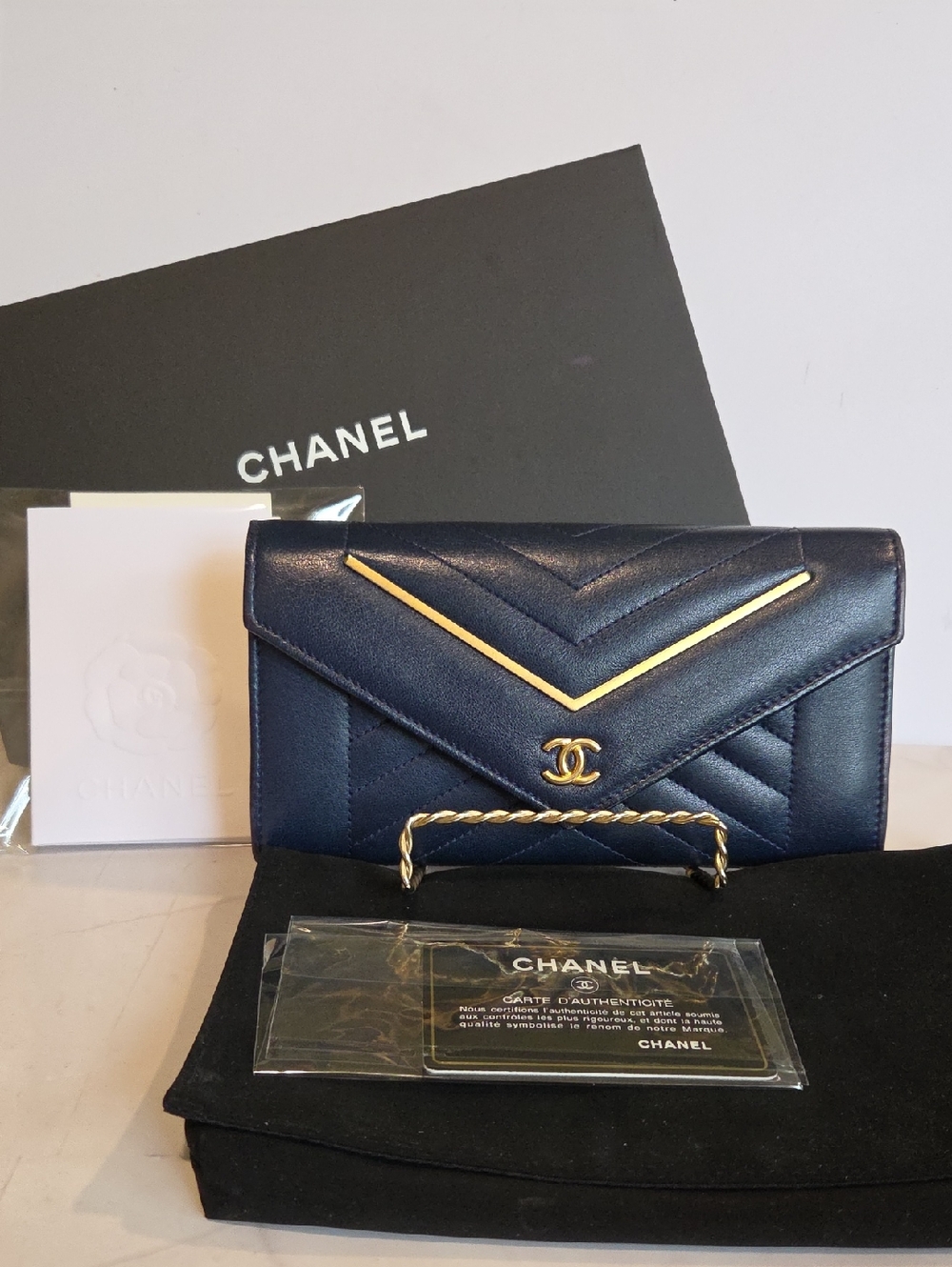 CHANEL Reversed Chevron Envelope Flap Wallet with Gold Hardware. Ak